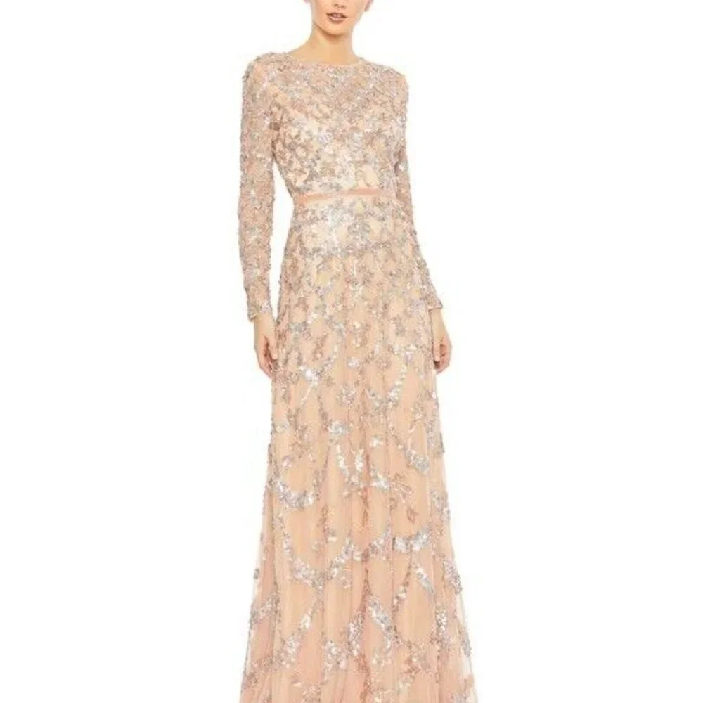 NWT MAC DUGGAL EMBELLISHED ILLUSION HIGH NECK LONG SLEEVED GOWN BLUSH 12 5496 - Picture 2 of 8